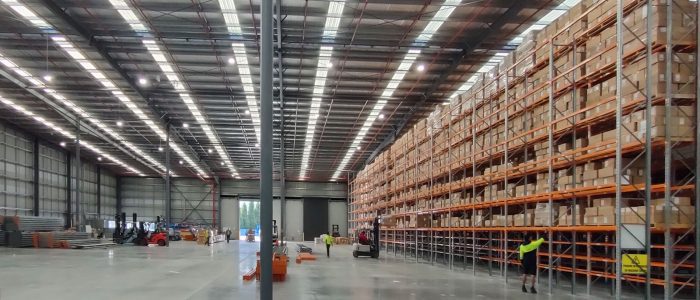 Large warehouse with selective pallet racking.