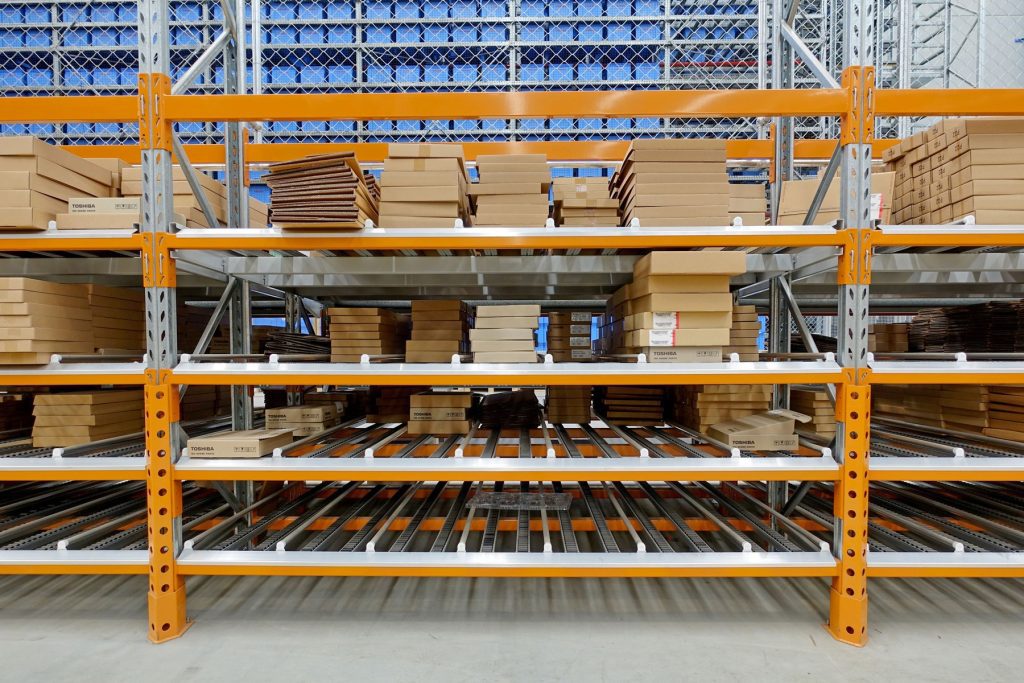 Carton live storage system in a warehouse.