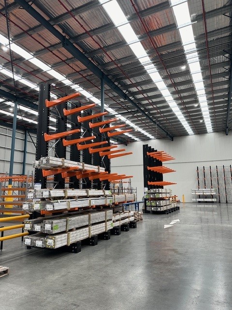 Cantilever racking storing long items.